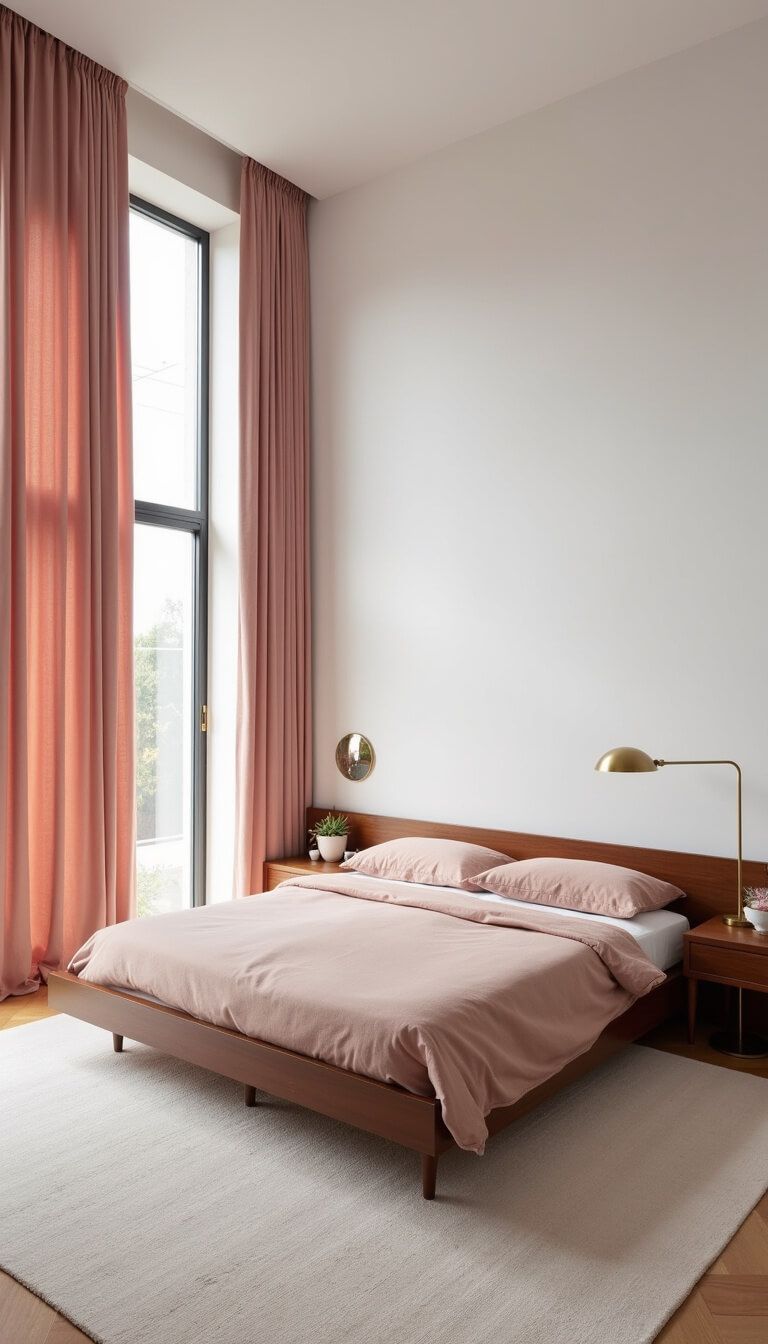 Modern minimalist bedroom with floor-to-ceiling windows, salmon pink curtains, white walls, walnut mid-century furniture, and diffused natural light.