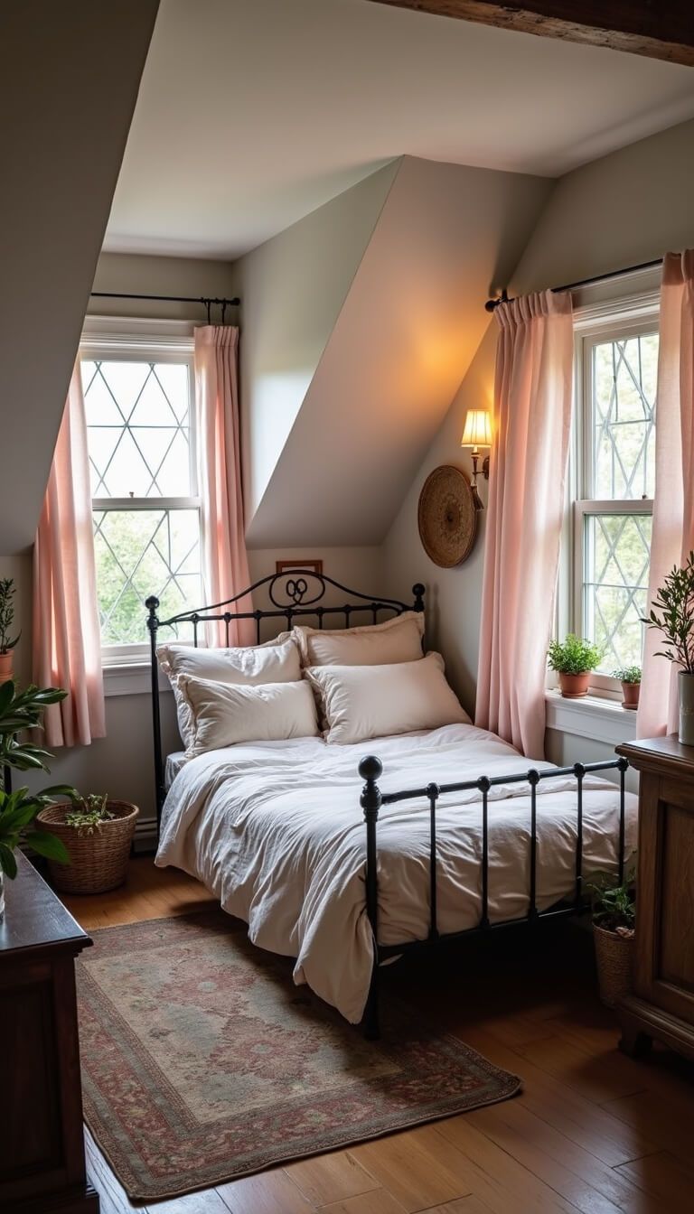 Cozy attic bedroom with sloped ceiling, vintage iron bed, pale pink curtains, distressed wood furniture, potted plants, and warm cottage-core decor.