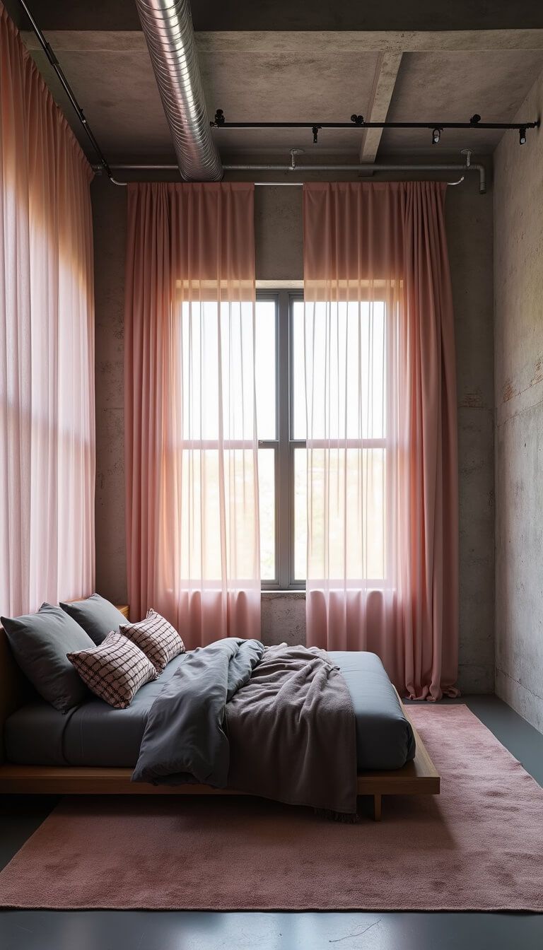 Drone view of a contemporary loft bedroom with industrial windows, pale pink layered curtains, concrete walls, exposed pipes, and a platform bed with charcoal linens and geometric pillows.
