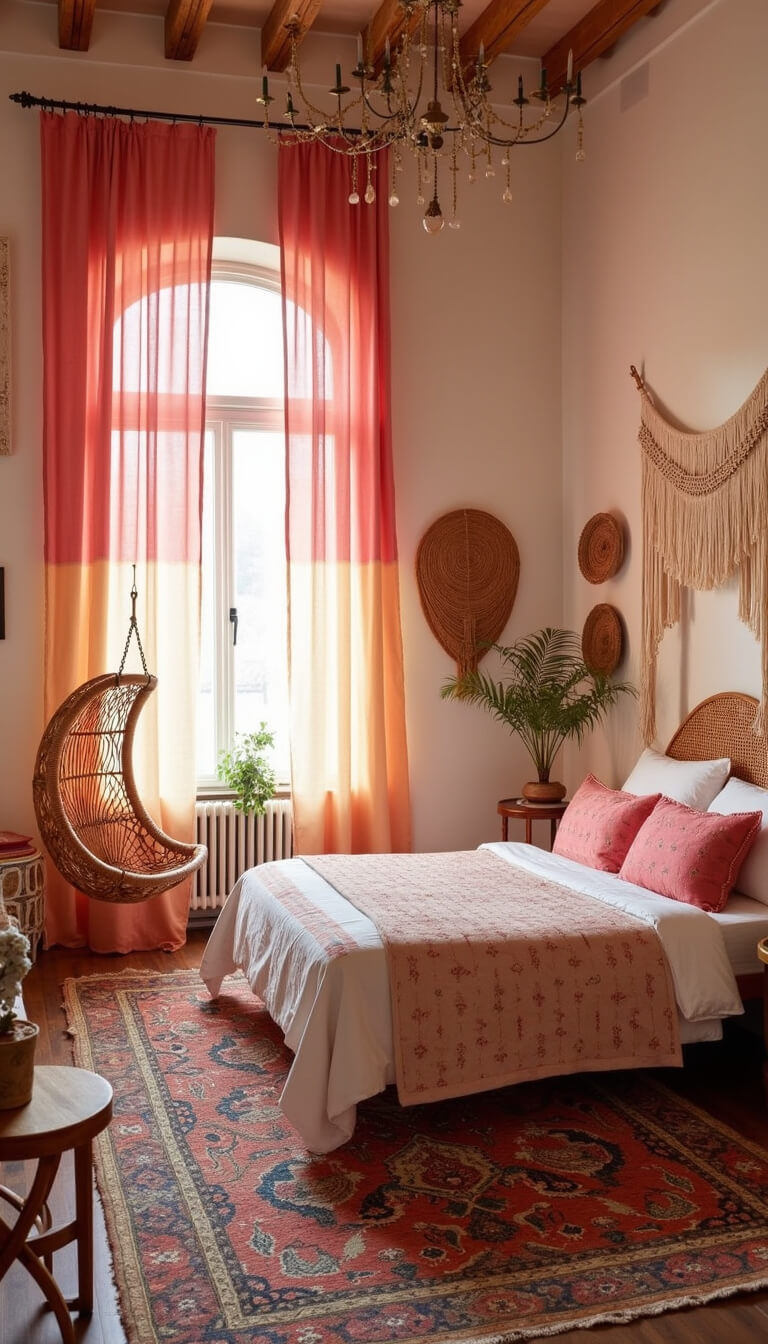 Bohemian guest room with ombre pink curtains, rattan canopy bed and hanging chair, macramé wall hangings, Persian rug, and golden hour natural lighting.