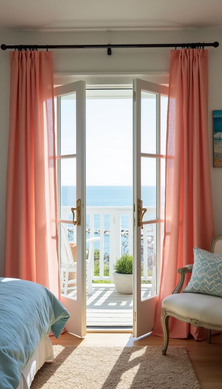 Coastal bedroom with billowing salmon pink curtains, white-washed furniture, and pale blue accents, viewed through doorway with natural light and ocean breeze.