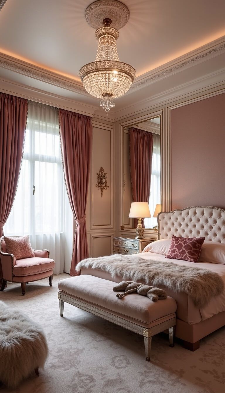 Luxurious Hollywood regency master suite with tray ceiling, dusty rose silk curtains, crystal chandelier, mirrored furniture, and velvet accents.