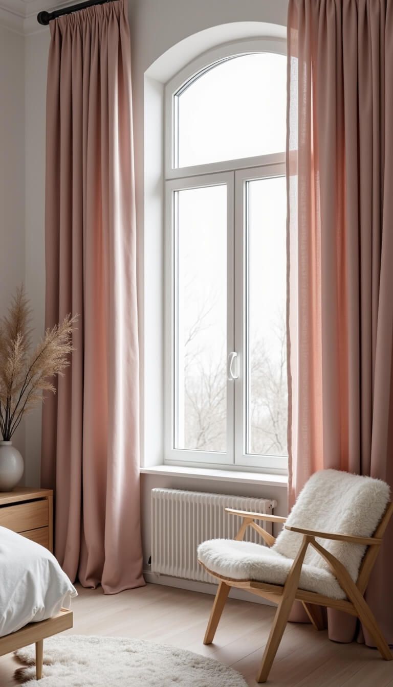Scandinavian bedroom with blush pink linen curtains, light wood furniture, and sheepskin accents, featuring a large picture window and minimalist decor in soft morning light.
