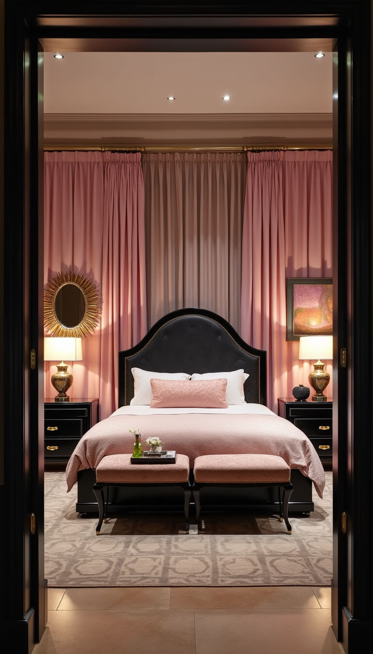 Art deco bedroom with geometric pink curtains, black lacquered furniture, marble side tables, and sunburst mirror, viewed symmetrically from doorway under dramatic lighting.