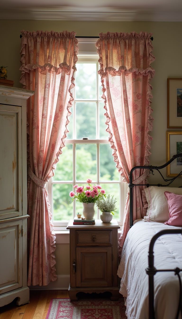 Cozy country cottage bedroom with floral pink curtains, iron bed, distressed armoire, fresh flowers, and vintage books in soft morning light.