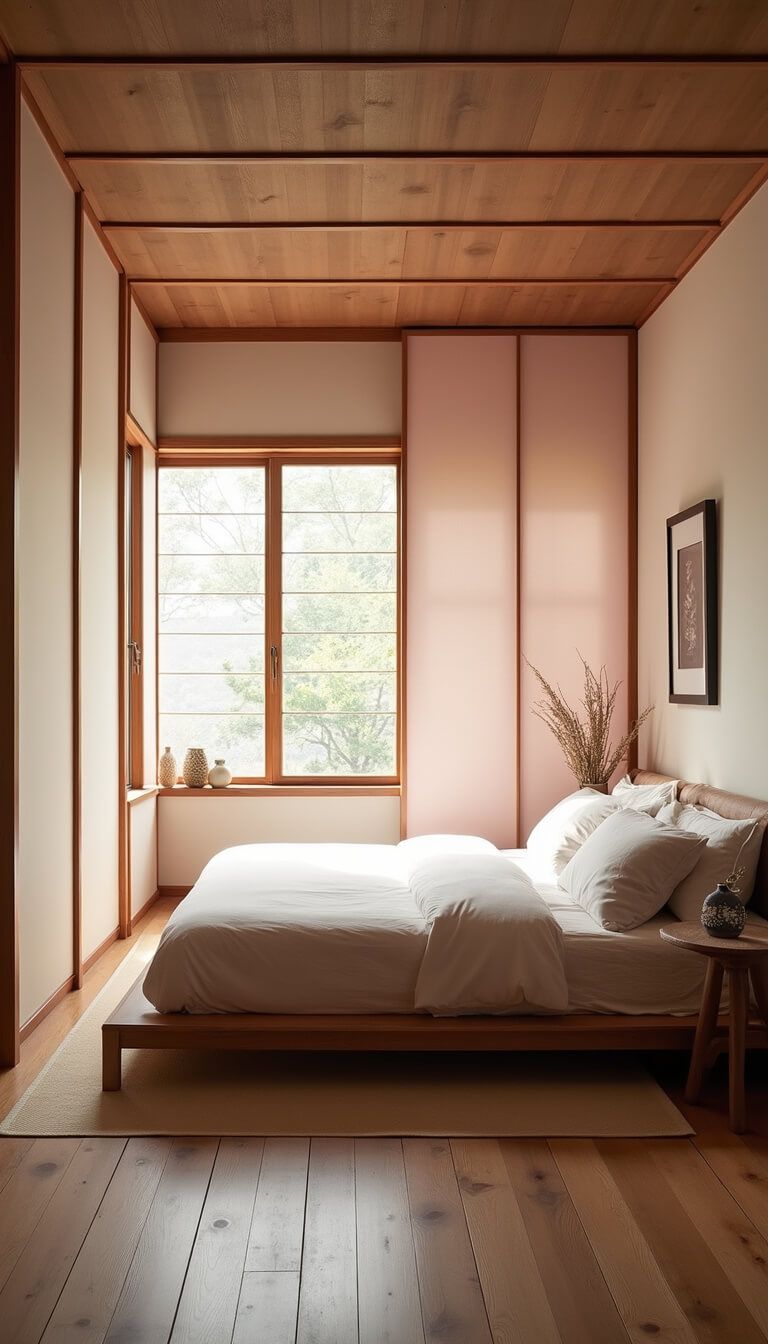 Bird's eye view of a Japanese-inspired 14'x16' bedroom featuring shoji screens, pale pink silk panel dividers, a low platform bed, bamboo accents, ceramic art, and soft natural light for a serene ambiance.