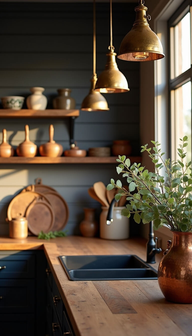 Golden hour light fills a rustic farmhouse kitchen with navy shiplap walls, matte black cabinets, a butcher block island, and vintage copper accents.