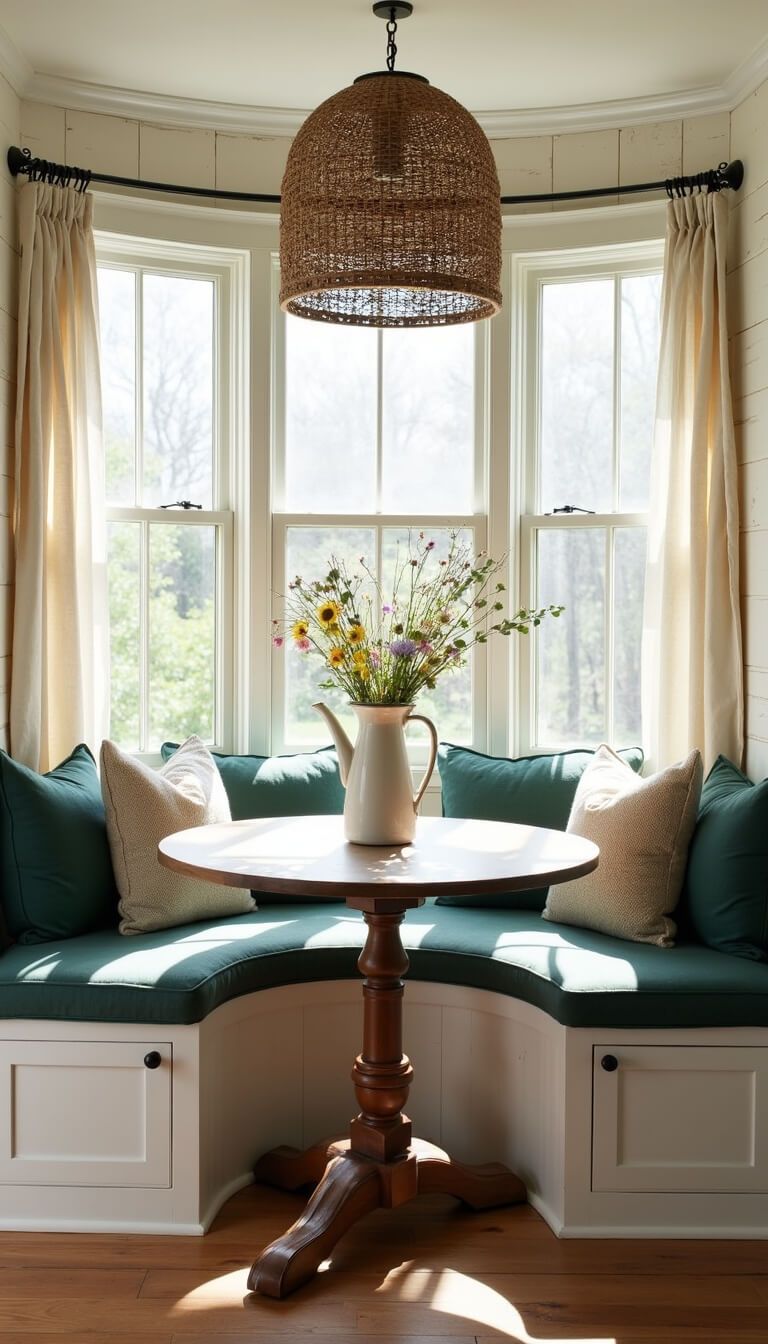 Cozy farmhouse kitchen nook with forest green window seat, round oak table with wildflowers, and soft morning light filtering through linen curtains.