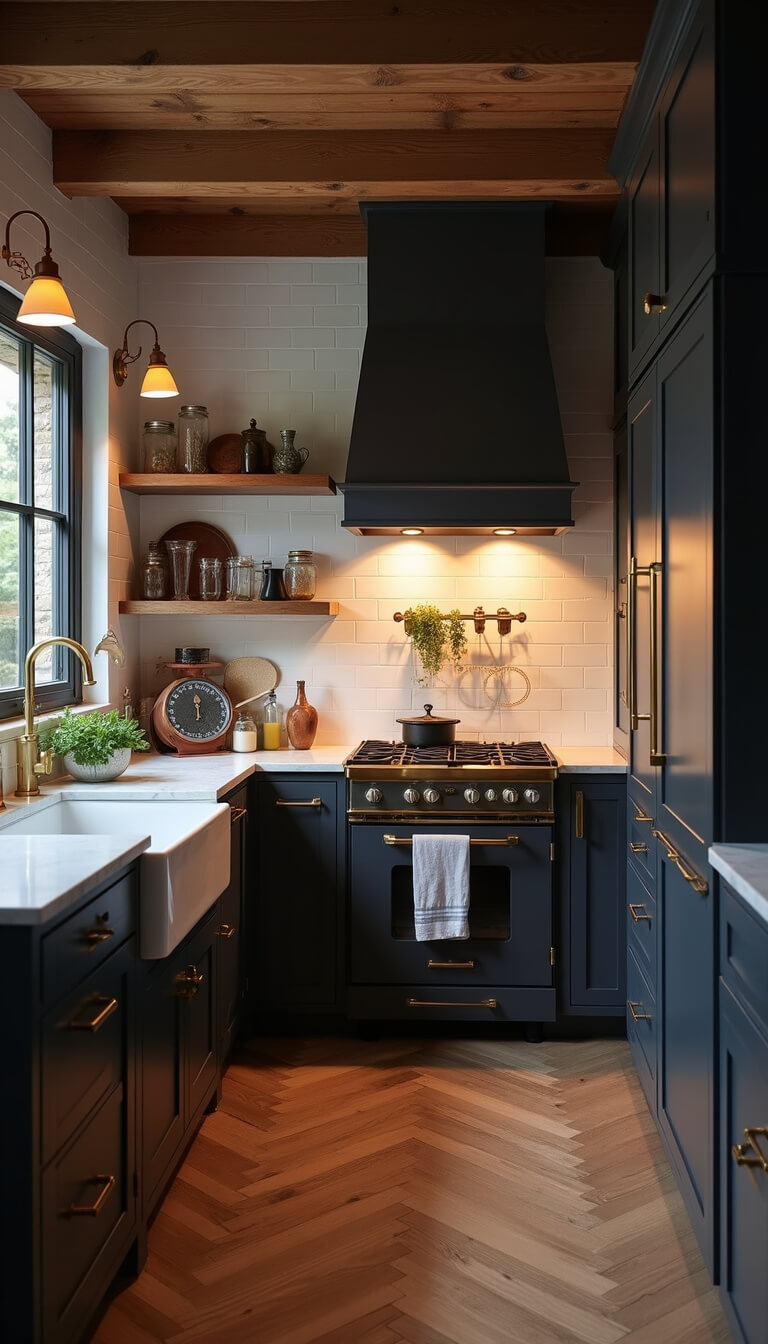 L-shaped farmhouse kitchen at dusk with charcoal cabinets, marble sink, herringbone wood floors, antique brass accents, and warm under-cabinet lighting.