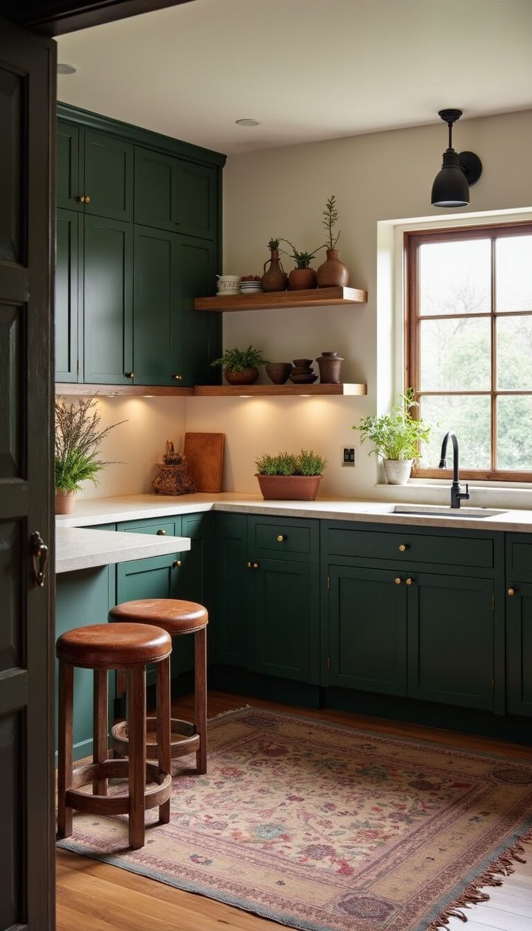Twilight kitchen with dark green floor-to-ceiling cabinets, soapstone counters, white oak shelves, and brass hardware, accented by pendant lighting and vintage decor.