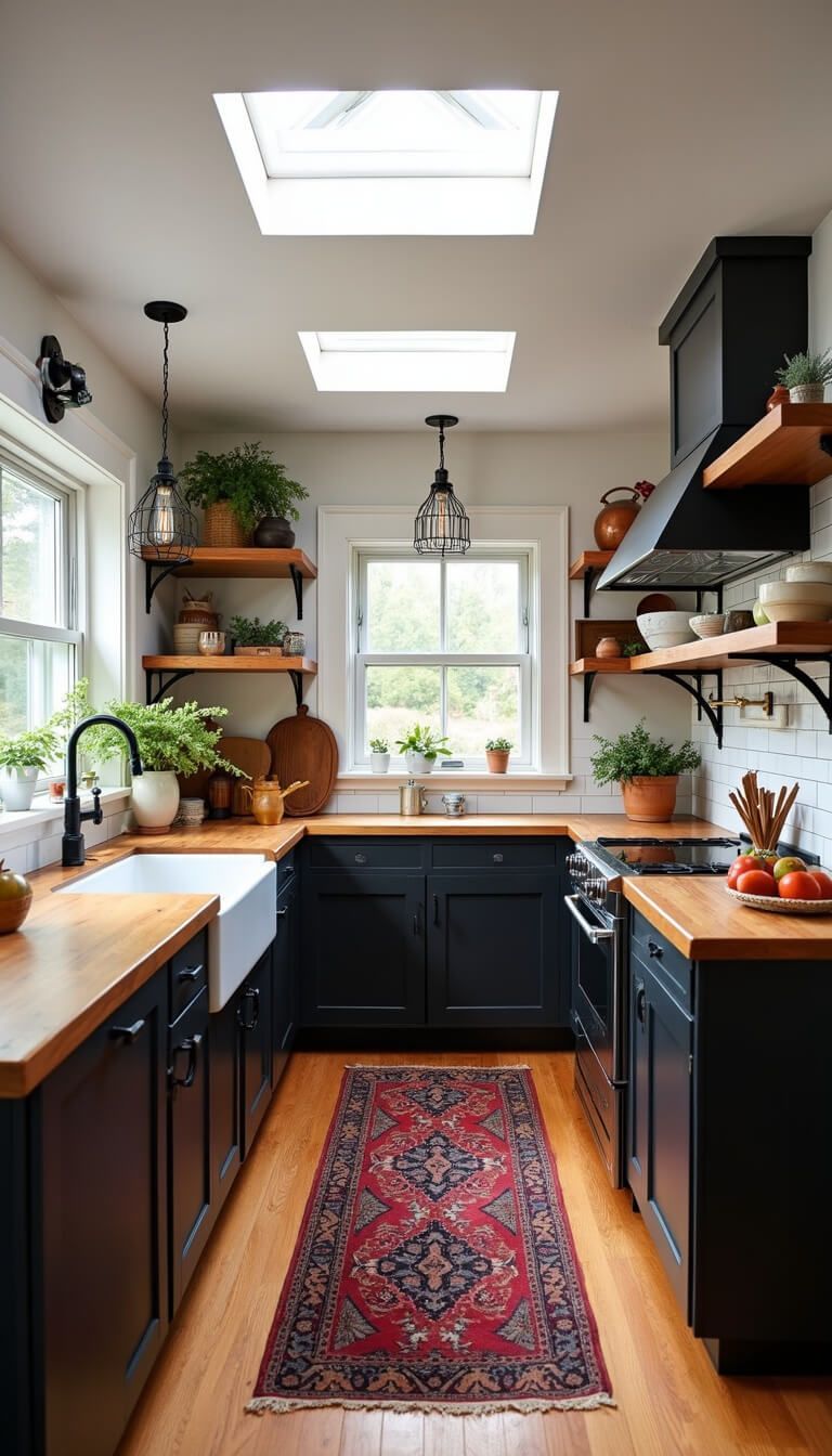 Overhead view of a 12x18ft galley kitchen with matte black cabinets, butcher block counters, skylights, copper cookware, vintage runner, and industrial lighting.