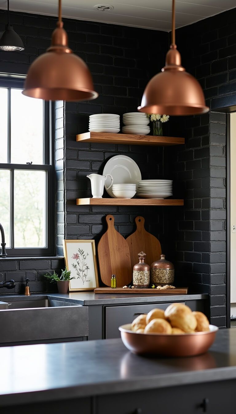 Late afternoon kitchen with black range wall, vertical subway tile, reclaimed wood shelves, zinc island, copper pendants, and vintage decor.