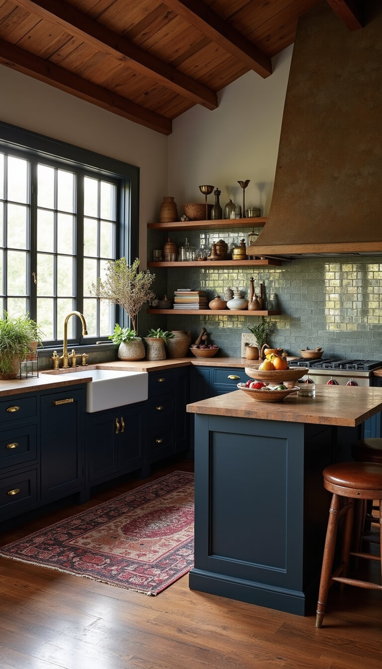 Open-concept kitchen at sunrise with dark navy island, charcoal cabinets, antiqued mirror backsplash, brass hardware, vintage rug, leather stools, and metal-framed windows.