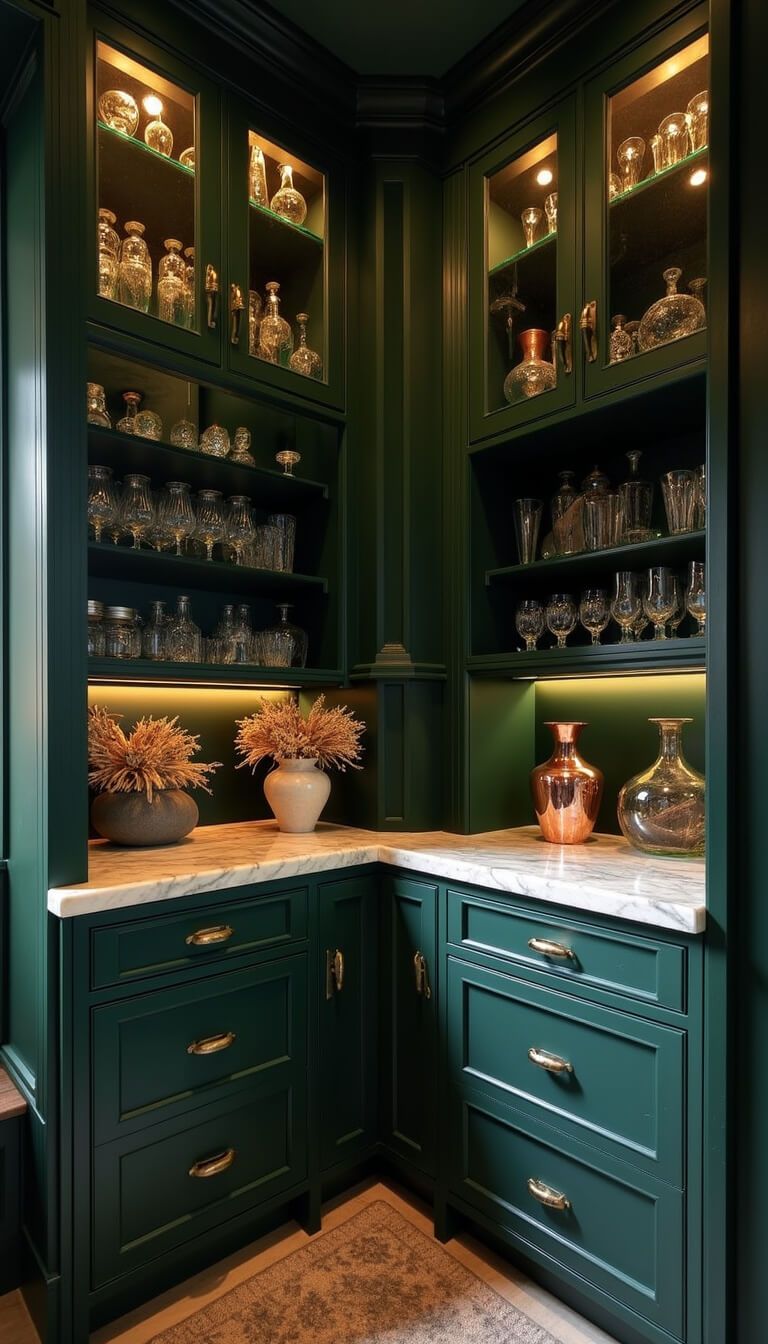 Moody dusk view of a 10x12ft butler's pantry with deep forest green cabinets, marble countertops, built-in wine storage, and warm brass lighting showcasing vintage glassware and bar decor.