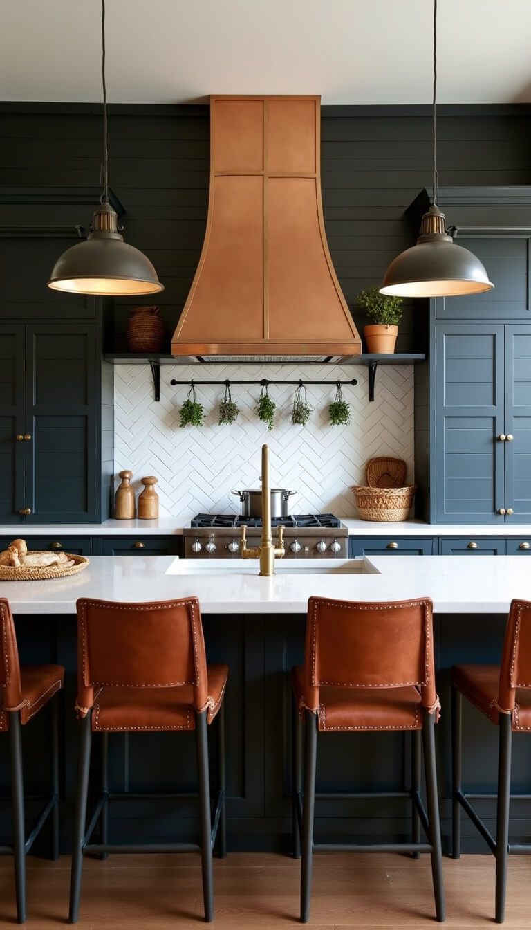 Elevated view of 13x15ft kitchen with dark shiplap wall, copper and brass range hood, herringbone tile backsplash, vintage pendants over soapstone island, leather barstools, woven baskets, and hanging dried herbs.