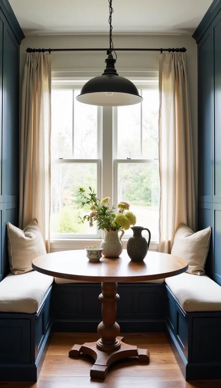 Eye-level view of cozy breakfast nook with navy built-ins, round pedestal table, vintage pendant light, and sunlight filtering through café curtains onto textured decor.