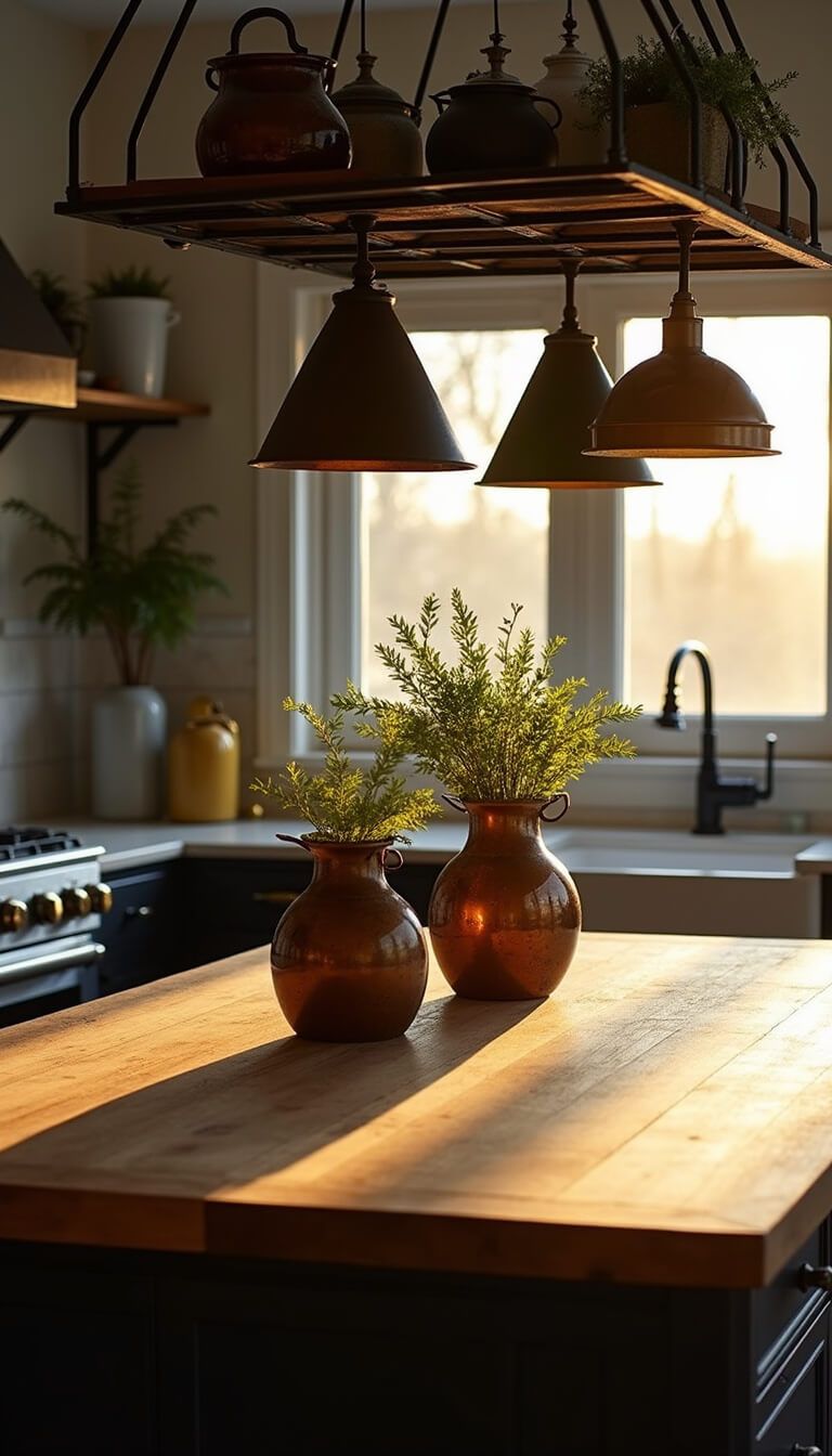 Detail shot of weathered oak kitchen island with black base at sunset, styled with vintage copper, ceramics, greenery, and lit by aged brass pendants and side lighting.