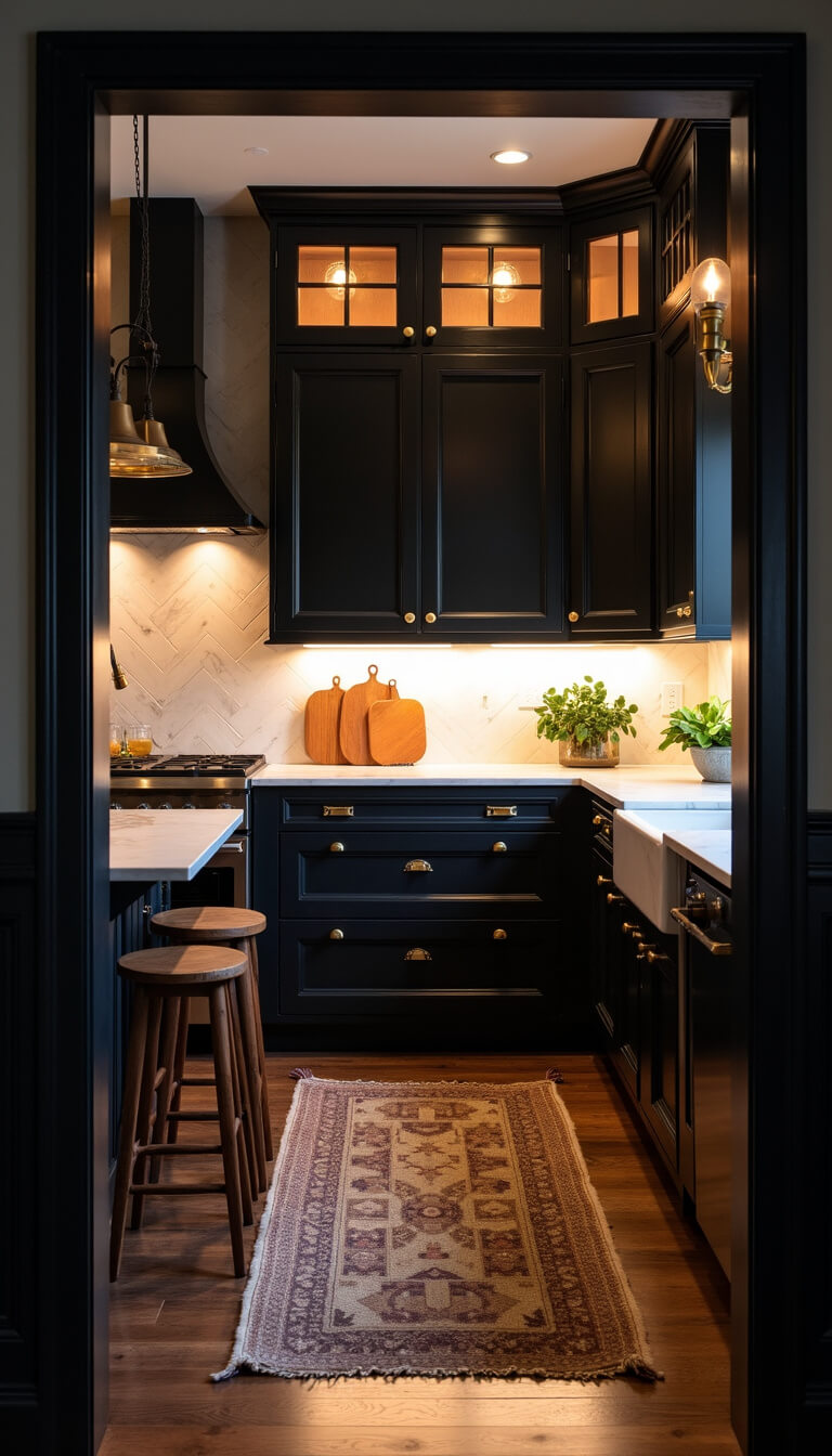Twilight kitchen with black floor-to-ceiling cabinets, marble surfaces, brass hardware, vintage lighting, wooden stools, and cozy vintage decor.
