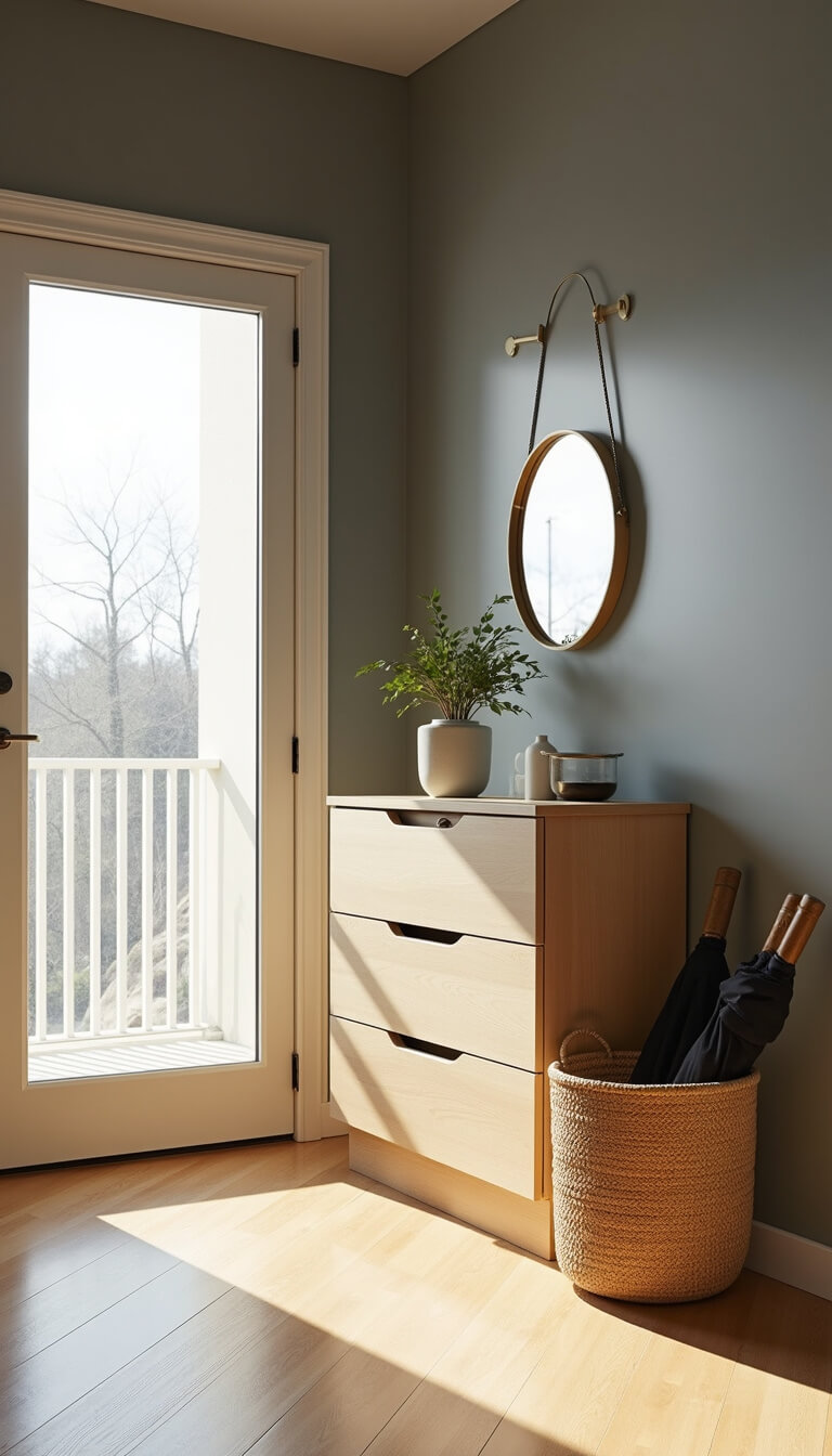 Minimalist entryway with light oak IKEA-style shoe cabinet, circular brass-framed mirror, seagrass umbrella basket, and soft sunlight through frosted glass door.