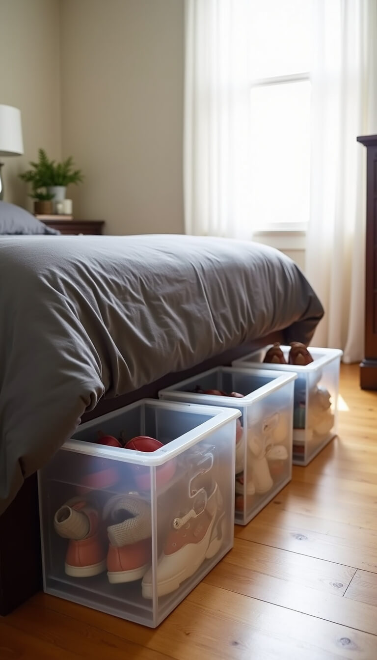 Under-bed clear acrylic shoe storage under charcoal grey platform bed in cozy bedroom with early morning light and cream walls.