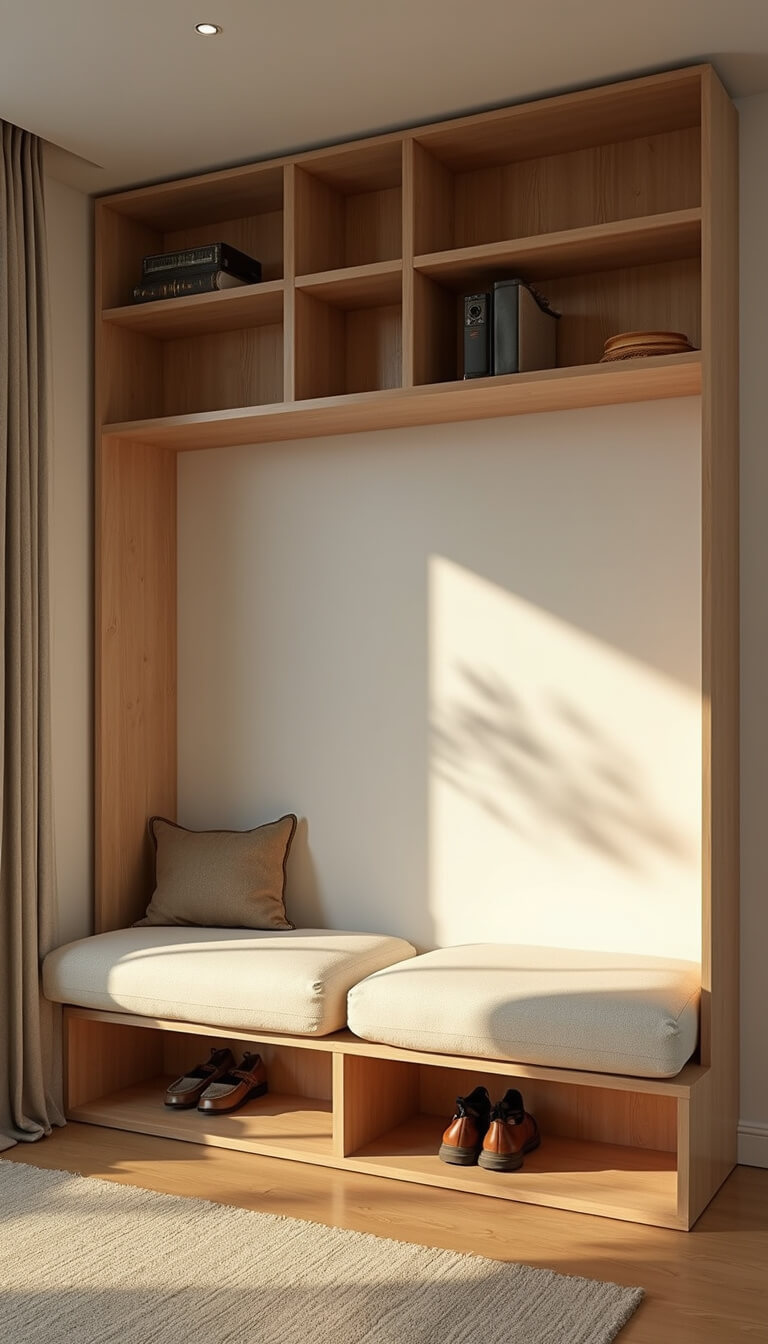 Modern 12x15ft living room with custom white oak bench featuring hidden shoe storage, ivory bouclé cushions, vertical shelving, and mid-century brass and leather accents in golden hour lighting.