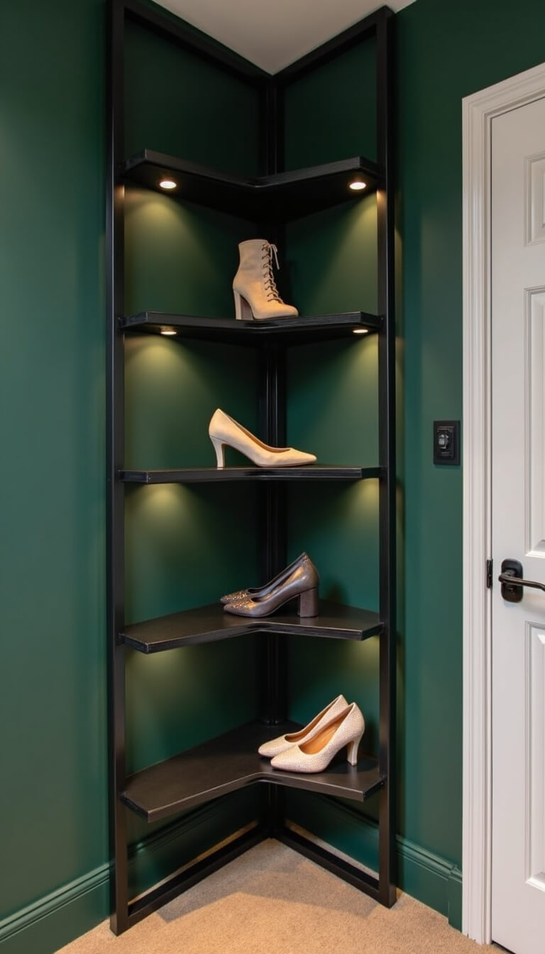 Corner nook with matte black geometric shelving displaying shoes as art, set against deep emerald walls and lit by modern track lighting.