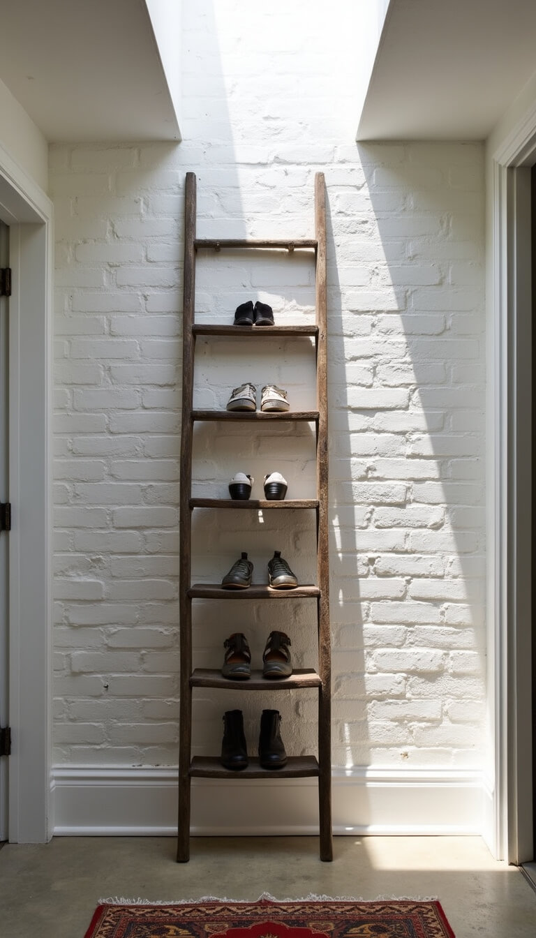 DIY entryway with repurposed vintage ladder displaying shoes against white brick wall, lit by skylight shadows, vintage runner on concrete floor.
