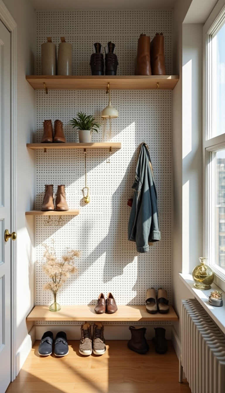 Compact studio entry with white floor-to-ceiling pegboard, brass hooks, wooden shelves, and shoes, lit by afternoon sun casting geometric shadows.