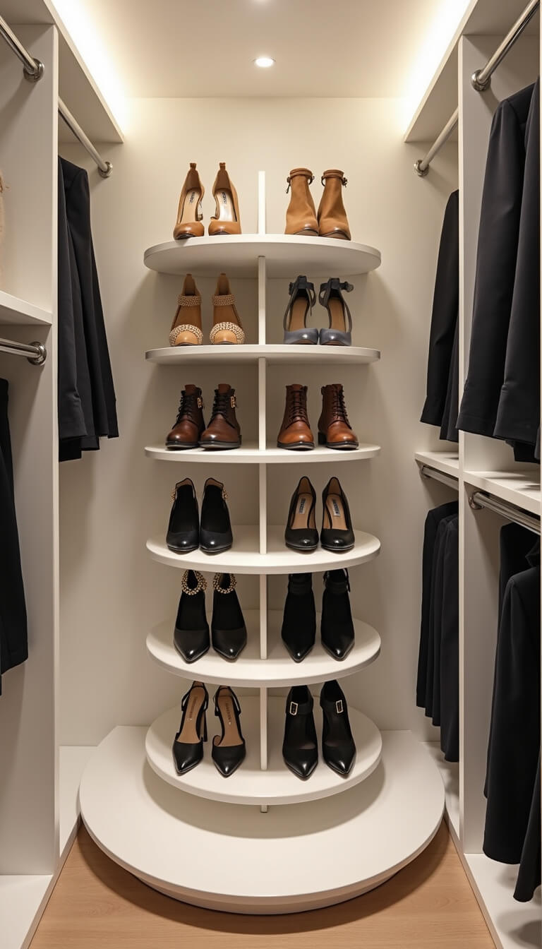 Top-down view of a modern 6x8ft closet featuring a white lacquer circular rotating shoe organizer with chrome hardware and soft LED strip lighting.