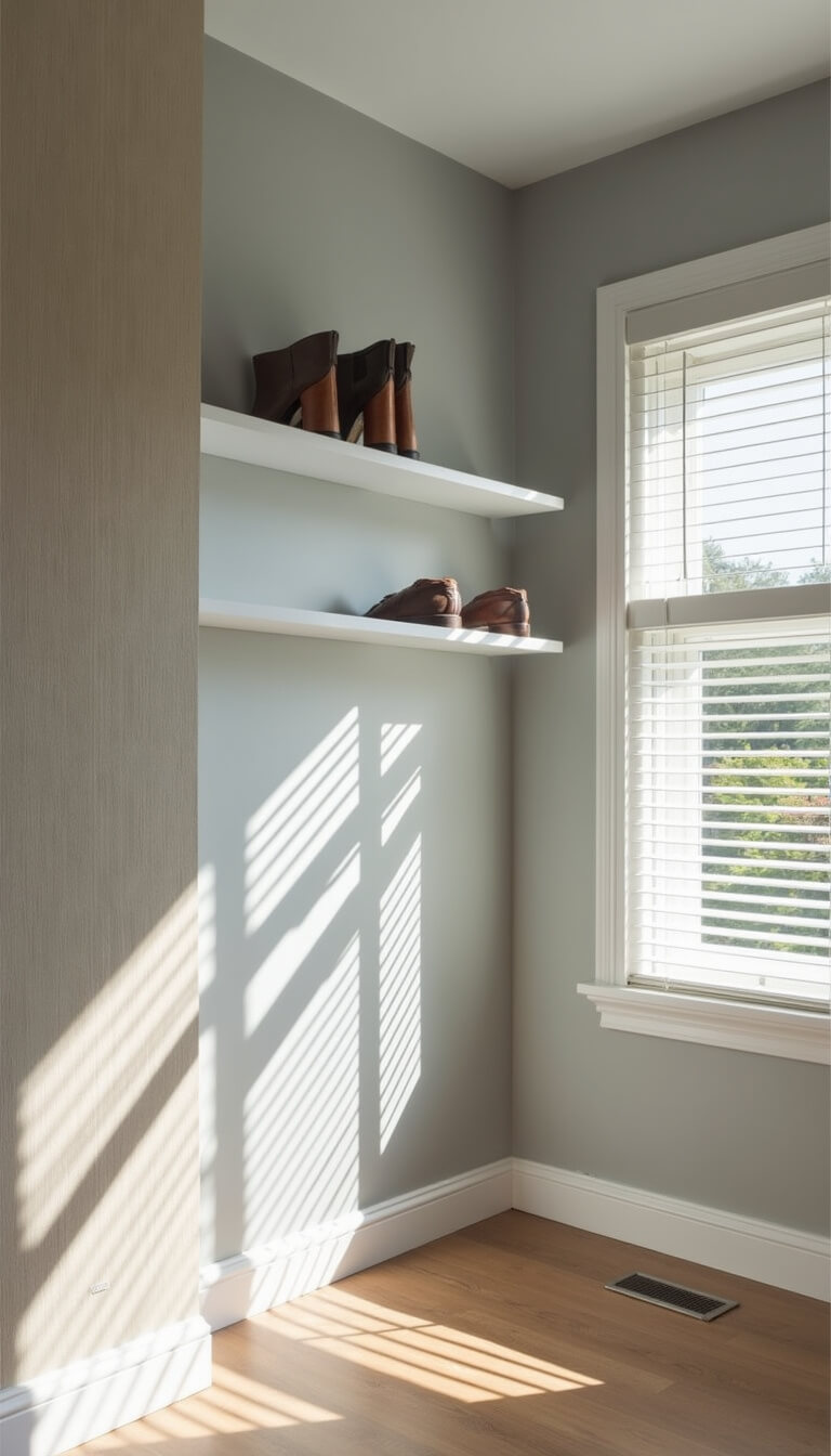 Minimalist 10x12ft bedroom with wall-mounted shoe storage, asymmetrical floating white shelves, grasscloth accent wall, and morning light streaming through plantation shutters.