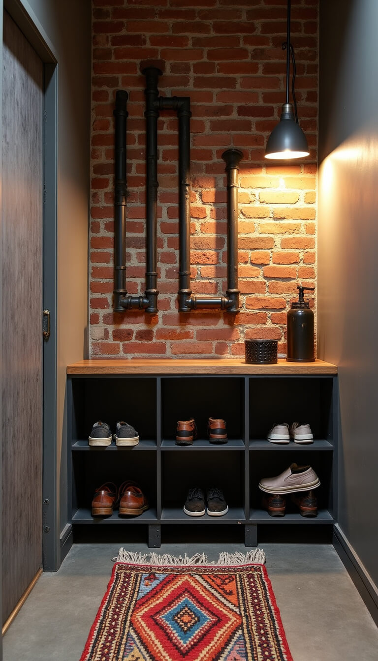 Industrial-style 5x7ft mudroom with matte black PVC pipe shoe storage in honeycomb pattern on exposed brick wall, dramatic side lighting from an industrial sconce, polished concrete floor, and vintage kilim rug.
