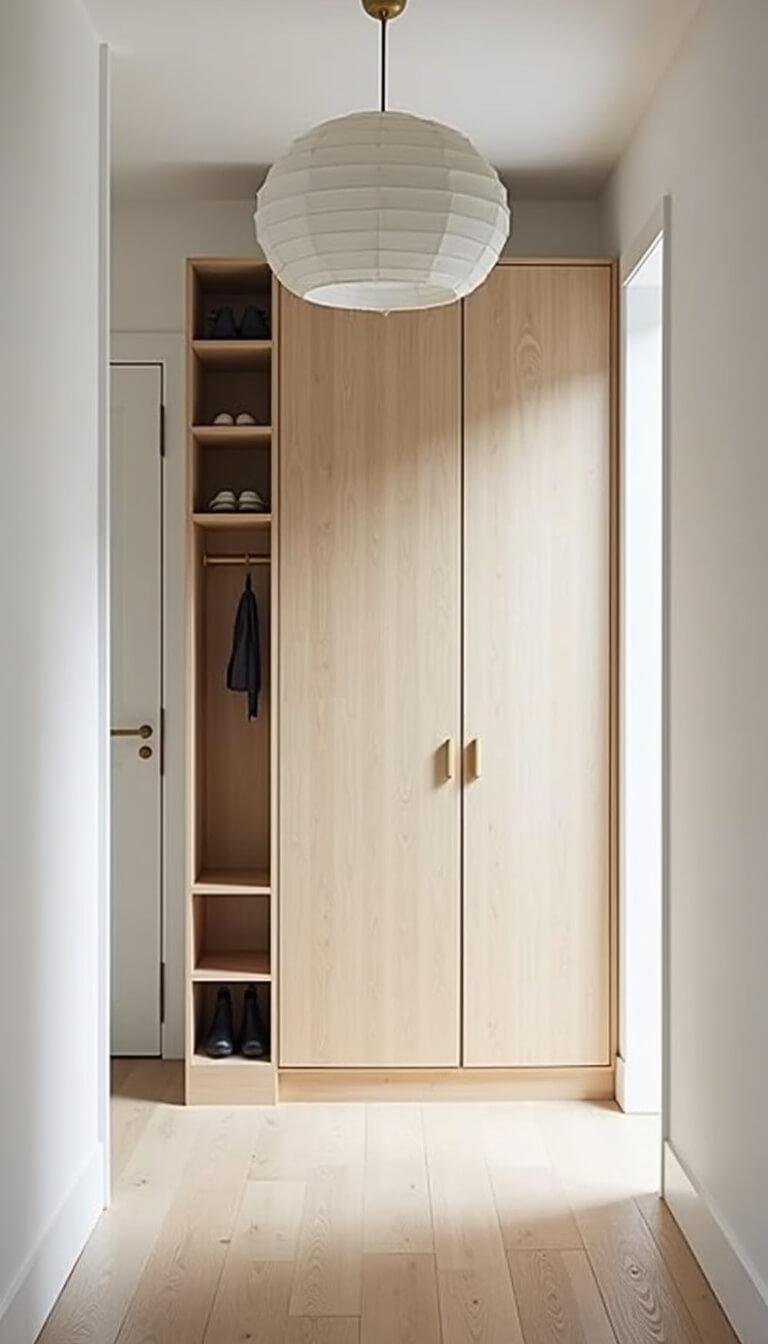 Scandinavian hallway with pale birch built-in cabinets, white walls, paper pendant lamp, and brass accents in a long, narrow space.