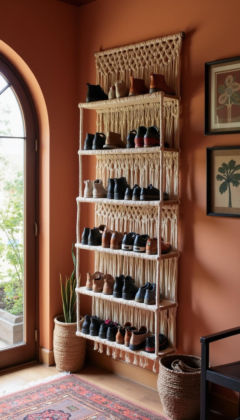 Boho-eclectic entryway with macramé hanging shoe storage and handcrafted cotton rope shelves, terracotta walls, vintage Persian rug, and arched window lighting, viewed from below.