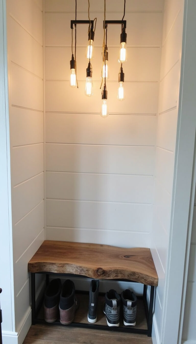 Modern-rustic 6x8 mudroom with reclaimed wood bench, Edison bulb pendant lighting, live-edge bench with boot storage, and warm white shiplap walls.