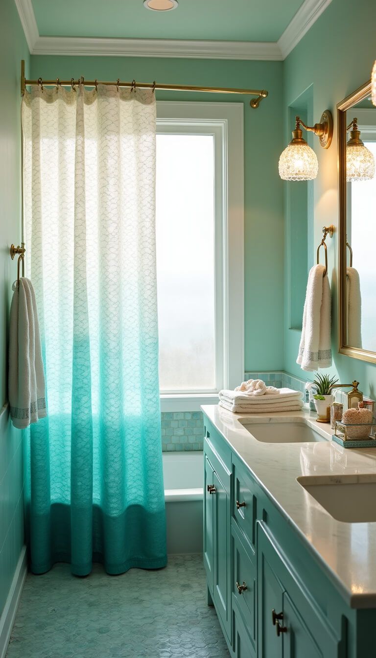 Sunlit coastal bathroom with iridescent shower curtain, seafoam green tiles, marble vanity, and shimmering white towels.