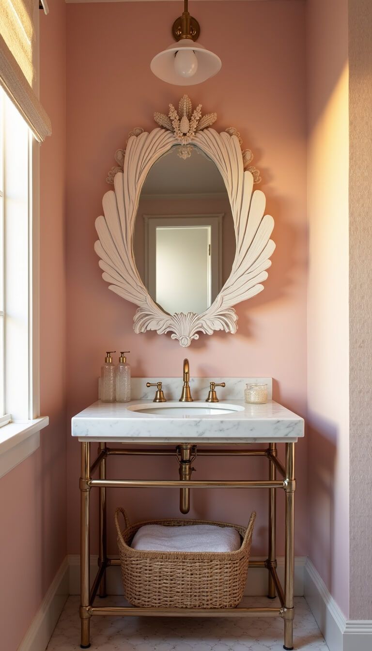 Blush pink powder room with mermaid scale wallpaper, shell-shaped mirror, marble vanity, and iridescent accents bathed in golden hour light.