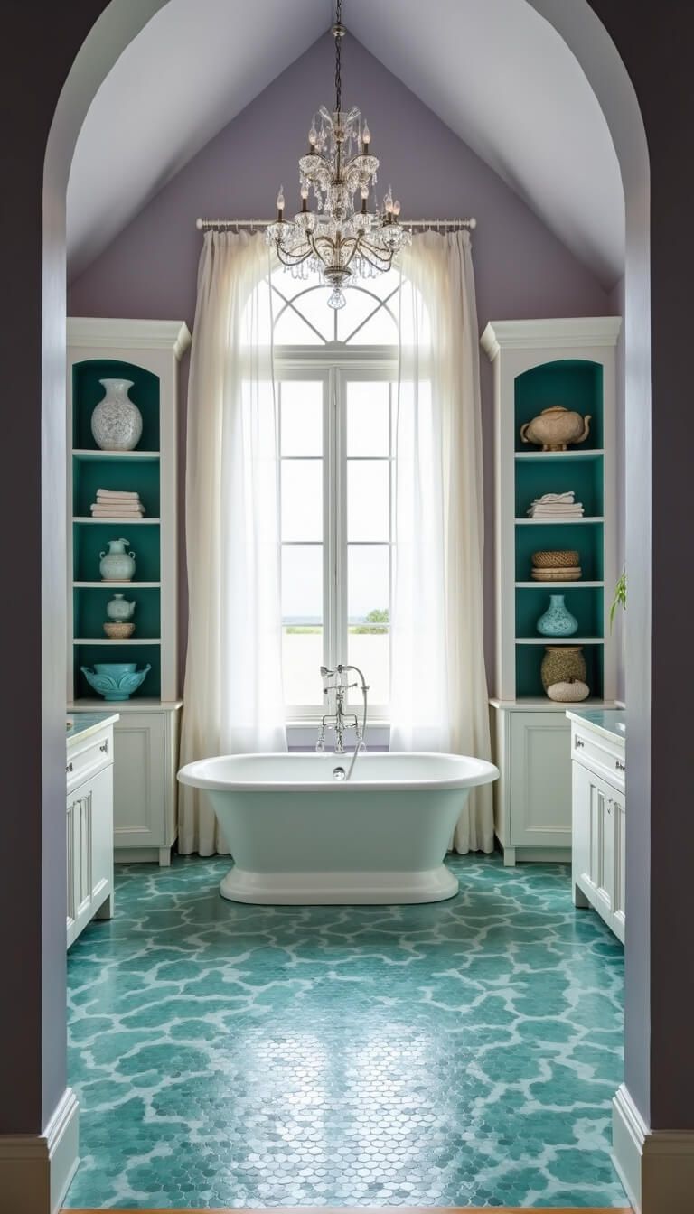 Spacious master bathroom with chandelier-lit lavender walls, pearl tub under window, teal mosaic wave floor, and coastal decor.