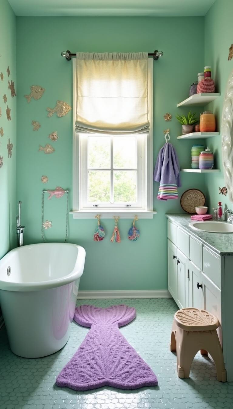 Playful children's bathroom with seafoam green walls, metallic fish decals, mermaid tail bath mat, shell-shaped step stool, colorful towels on sea creature hooks, and maritime-themed storage shelves.