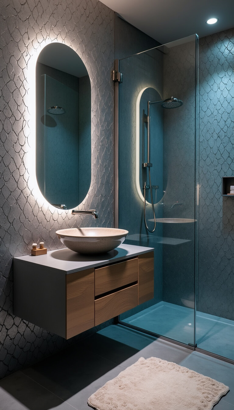 Contemporary guest bathroom with mermaid scale metallic tiles, floating driftwood vanity, shell-shaped vessel sink, LED-lit mirror, and glass wave-patterned shower partition during blue hour.