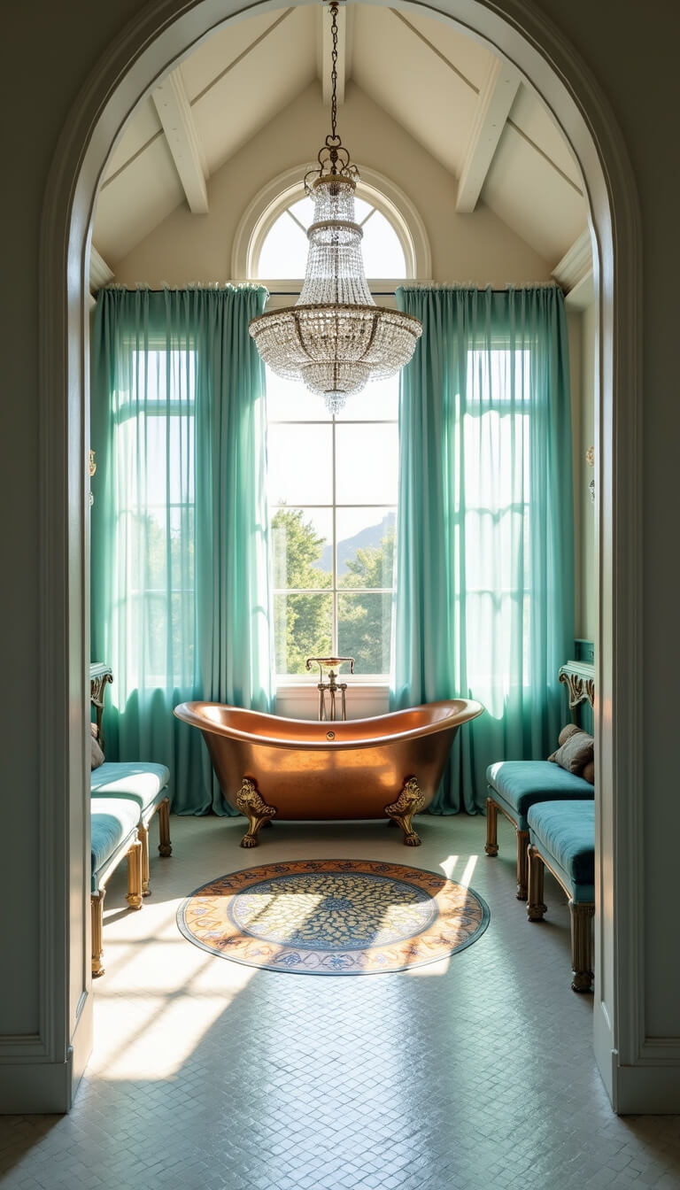 Luxe spa bathroom with copper soaking tub on mosaic floor, vaulted ceiling, crystal chandelier, and aqua drapes glowing at sunrise.