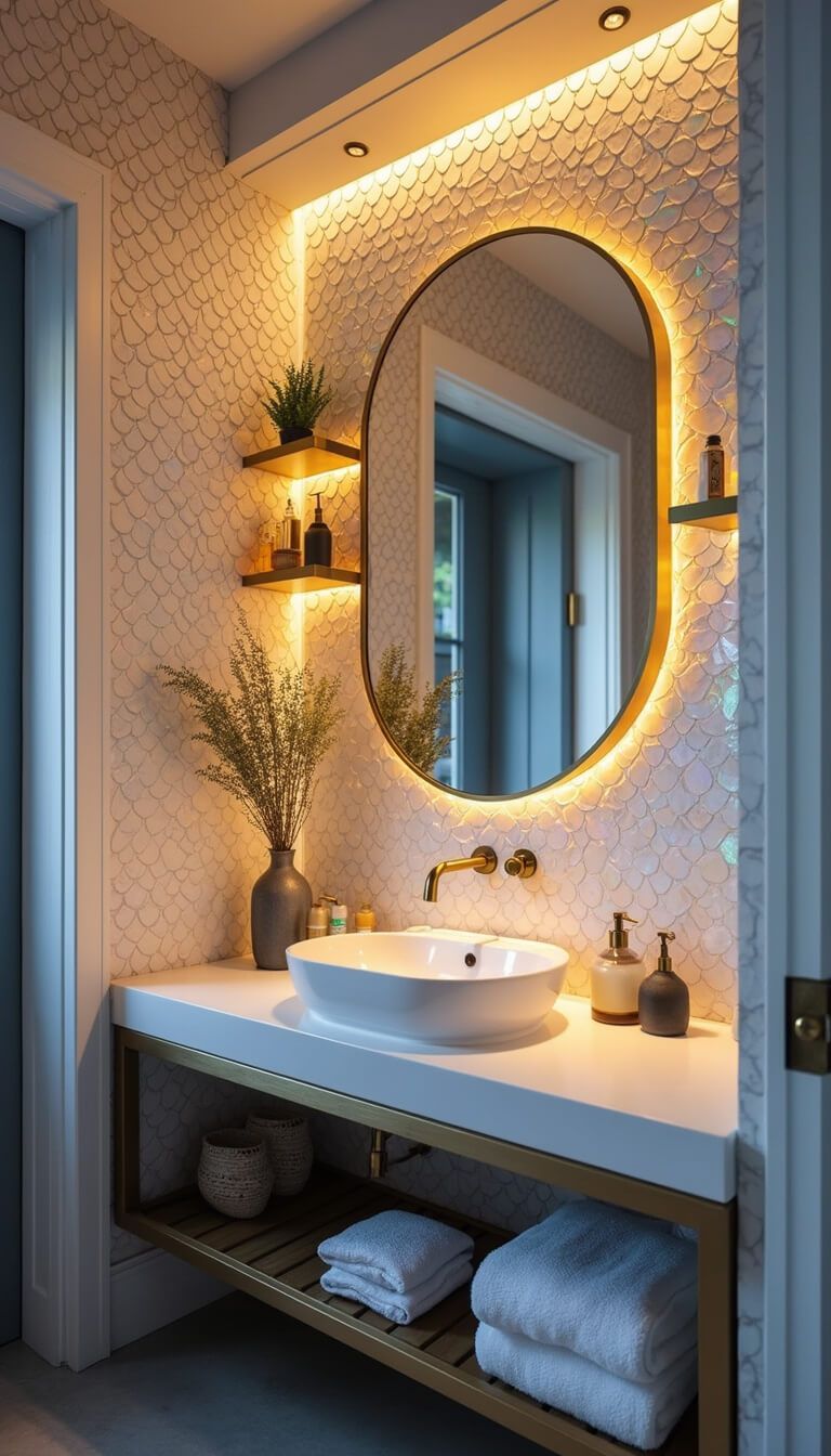 Compact 7'x5' urban bathroom with holographic fish-scale wallpaper, gold floating shelf with coastal decor, LED-lit mirror, pearlescent tile backsplash, and smart space-saving storage, photographed in evening lighting.