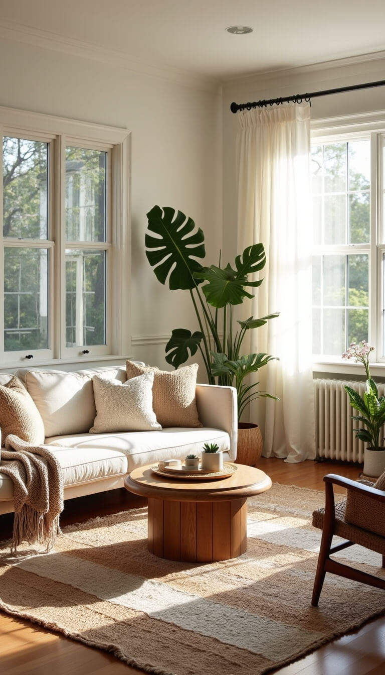 Sunlit living room with whitewashed walls, oatmeal linen sofa, rattan chair, teak coffee table, layered rugs, and leafy potted plants.