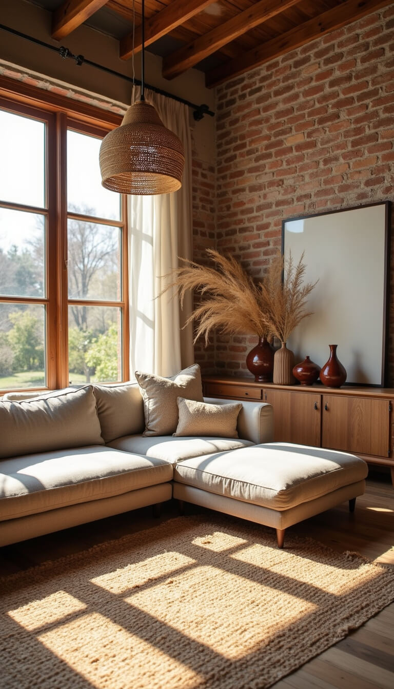 Cozy corner living room with greige sectional, vintage Moroccan rug, and rattan pendant lamp casting shadows in golden hour light through floor-to-ceiling windows.