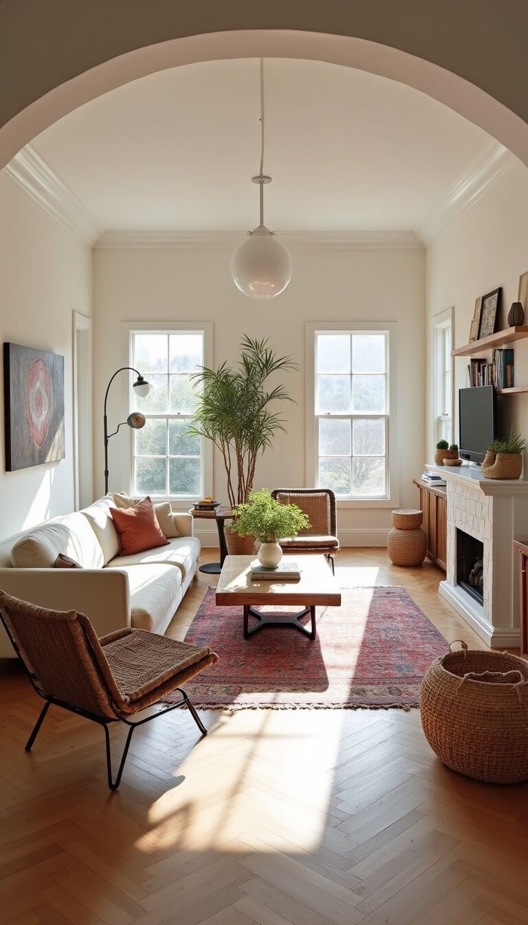 Open-concept living space with herringbone oak floors, modular canvas sofa, black metal chairs, live-edge coffee table, vintage kilim runners, and reading nook with floating shelves, bathed in mid-morning natural light.