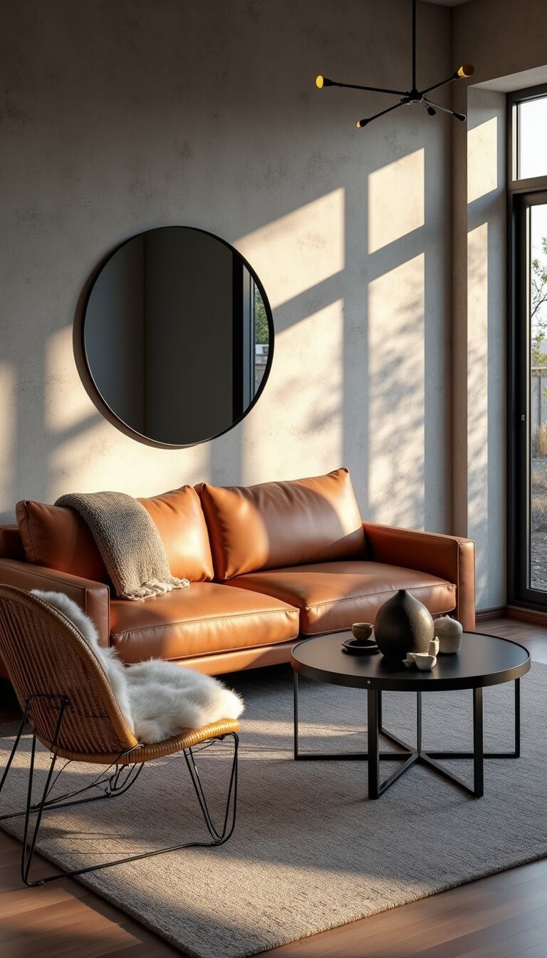 Sophisticated 20x22ft living room with concrete accent wall, industrial windows, and minimalist décor featuring a cognac leather sofa, rattan lounge chair, black nesting tables, and an oversized mirror in moody early evening light.