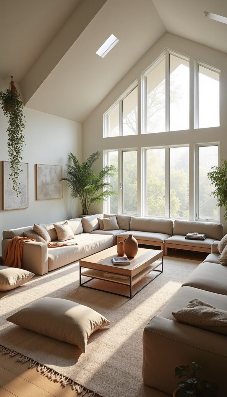 Serene living space with vaulted ceilings, clerestory windows, oatmeal linen sectional, wooden bench coffee table, silk floor cushions, and hanging plants in soft morning light.