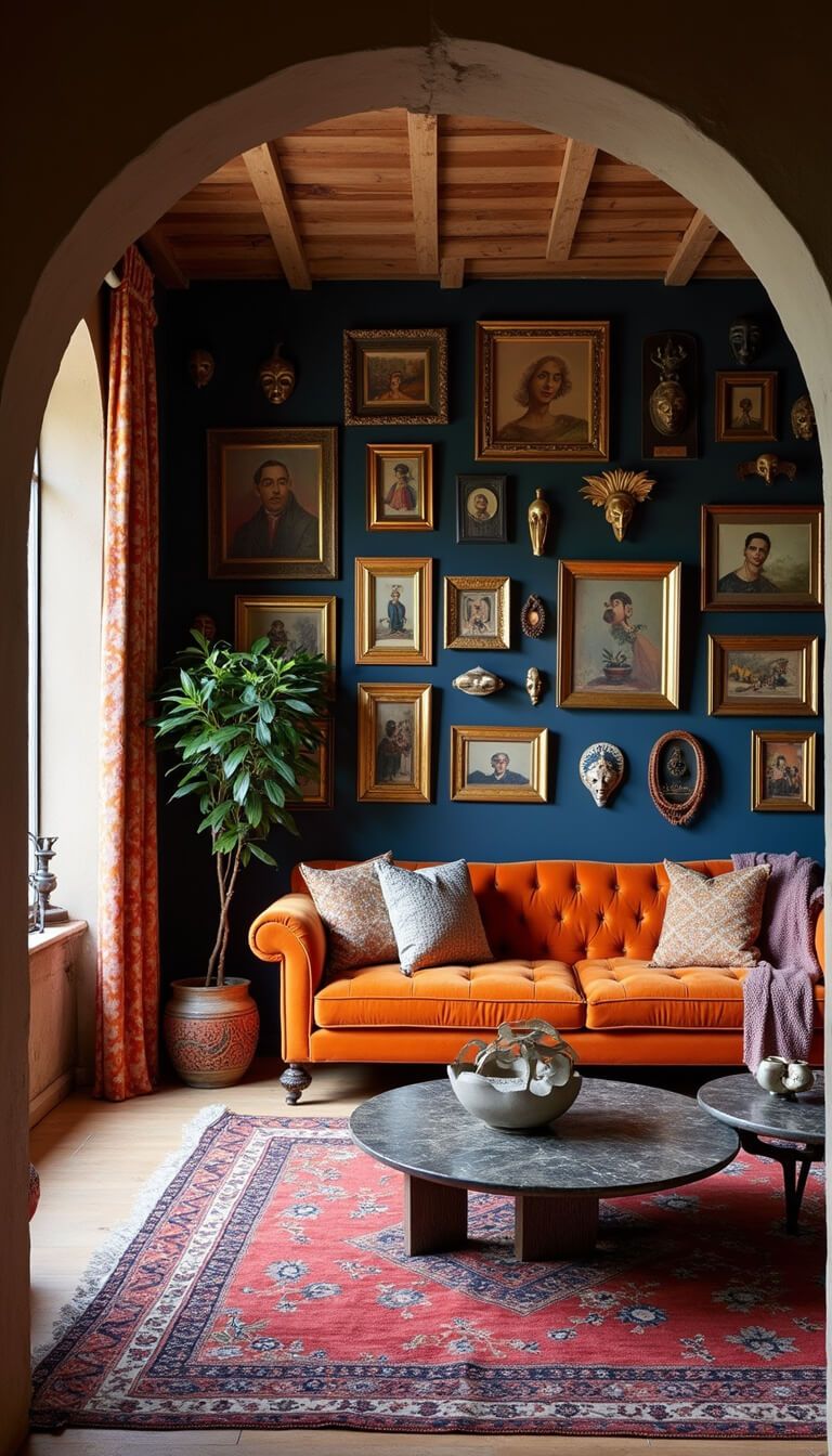 Eclectic 18x22ft living room with burnt orange tufted sofa, indigo walls adorned with gold-framed global art and masks, sari fabric drapes, layered kilim rugs, and mixed-metal tables displaying artifacts, viewed from above at slight angle.