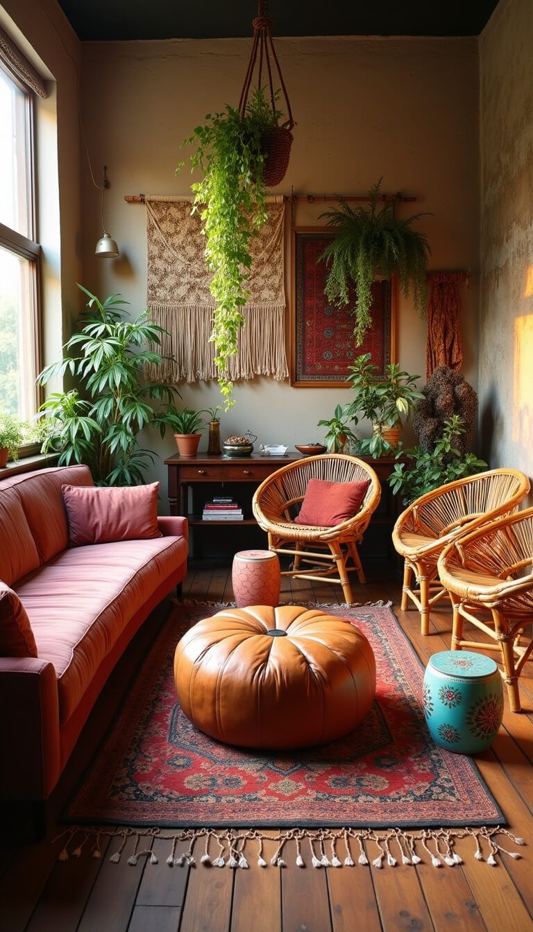 Bohemian lounge with velvet sofa, rattan chairs, Moroccan pouf, trailing plants, suzani textiles, and ceramic garden stools in golden hour light.