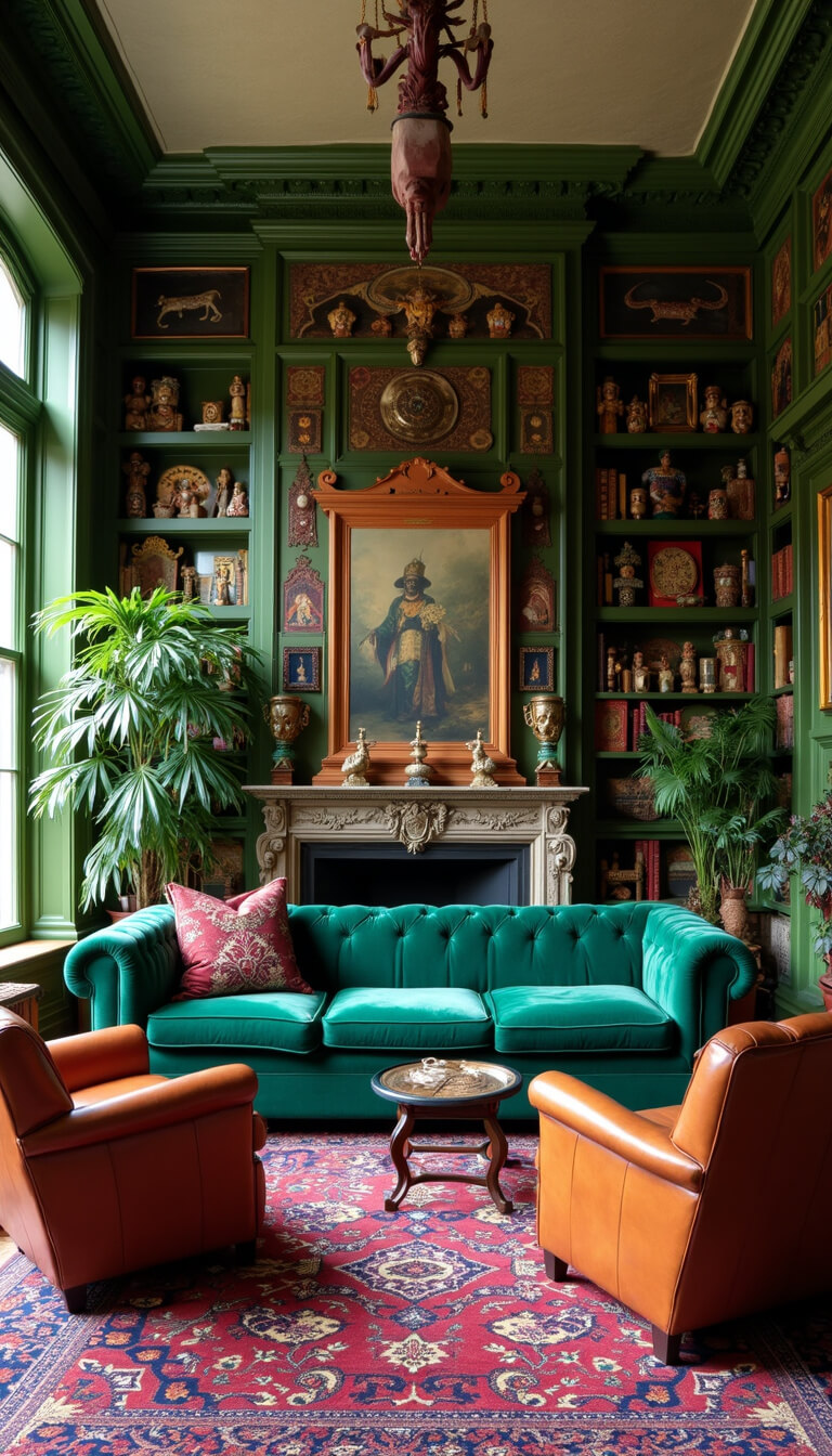 Vibrant sitting room with emerald velvet L-shaped sofa, vintage leather chairs, Persian rug, folk art on shelves, and Indonesian puppets hanging above in afternoon light.