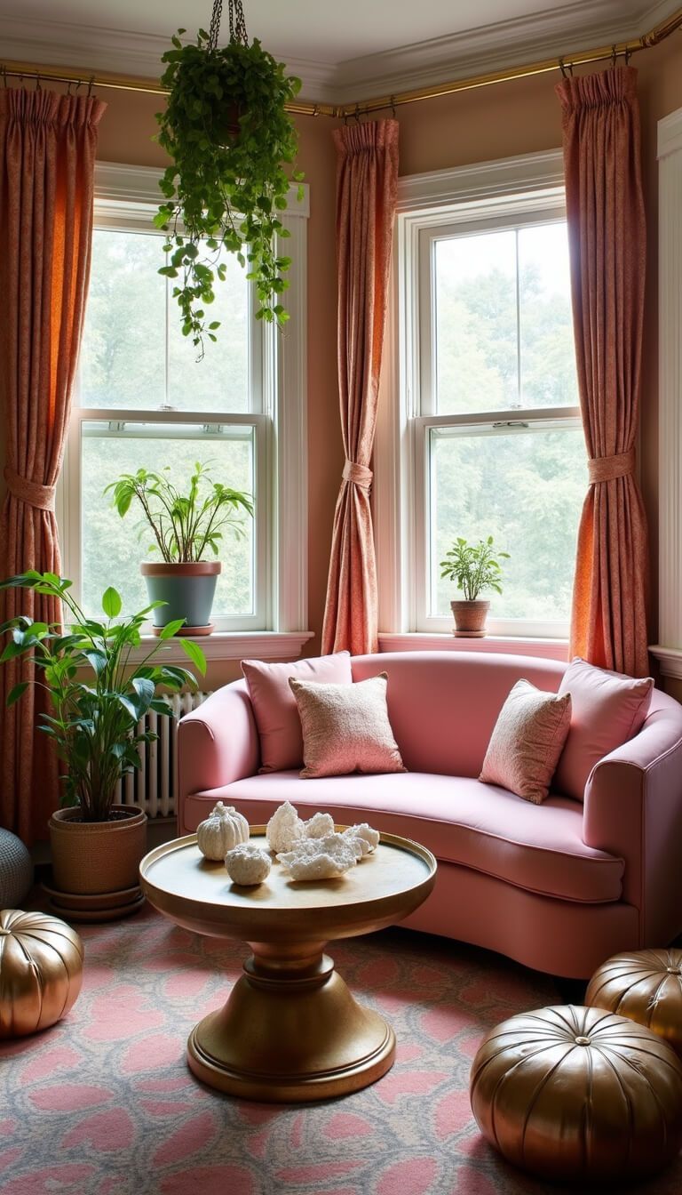 Whimsical corner room with blush pink velvet settee, vintage sari curtains on bay windows, brass coffee table with crystals, metallic Moroccan poufs, and hanging plants in bright natural light.